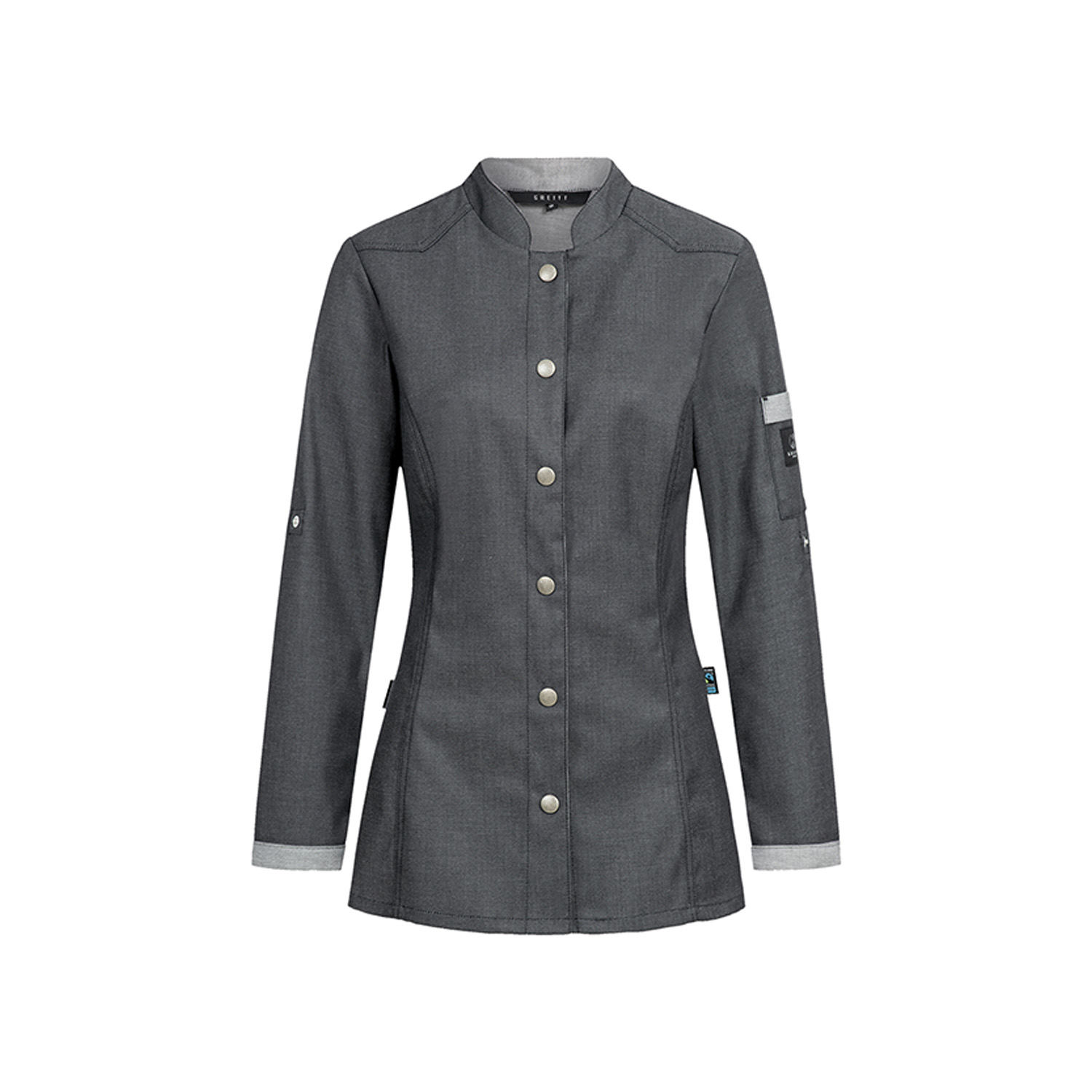 Damen-Kochjacke, Denimoptik Bikerstyle in Stretchqualität, grün