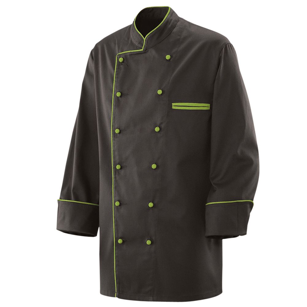 Unisex-Kochjacke, Langarm, schwarz, mit Kontrastpaspel in lemongrün